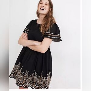 Madewell Embroidered Eyelet Puff-Sleeve Mini Dress Black with white and tan